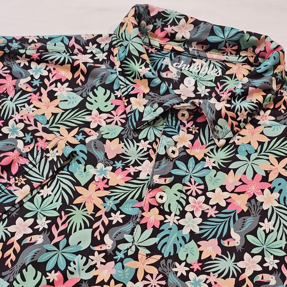 Chubbies Mens Small Black Tropical Toucan Floral Performance Golf Polo Shirt